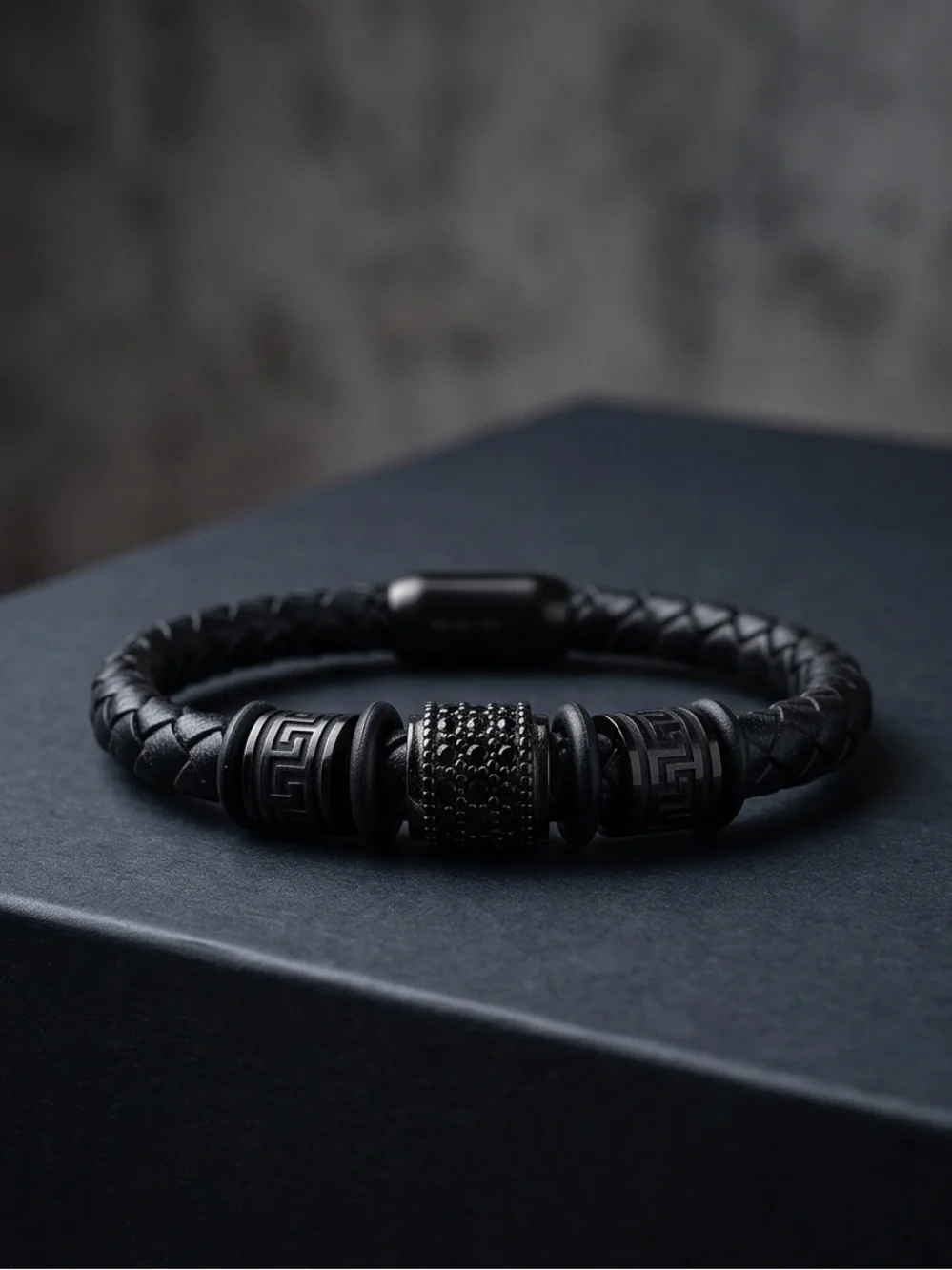 Men's Black Braided Leather Bracelet with Greek Key and Black Stones S. Steel 9”